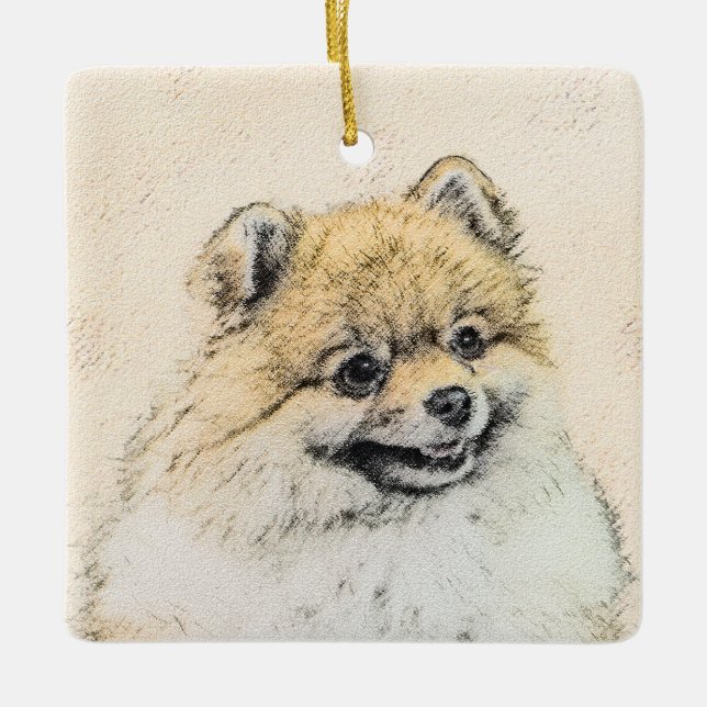 Spitz (Orange) Malerei - Originale Hundekunst Keramikornament (Vorderseite)