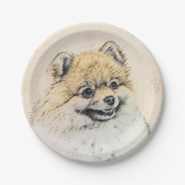 Spitz (Orange) Malerei - Originale Hundekunst Pappteller (Vorderseite)