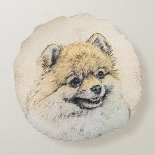 Spitz (Orange) Malerei - Originale Hundekunst Rundes Kissen