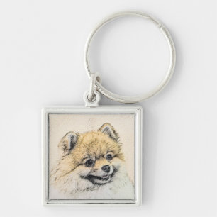 Spitz (Orange) Malerei - Originale Hundekunst Schlüsselanhänger
