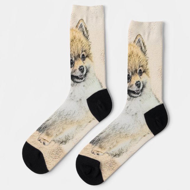 Spitz (Orange) Malerei - Originale Hundekunst Socken (Linkes Detail)