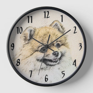 Spitz (Orange) Malerei - Originale Hundekunst Uhr
