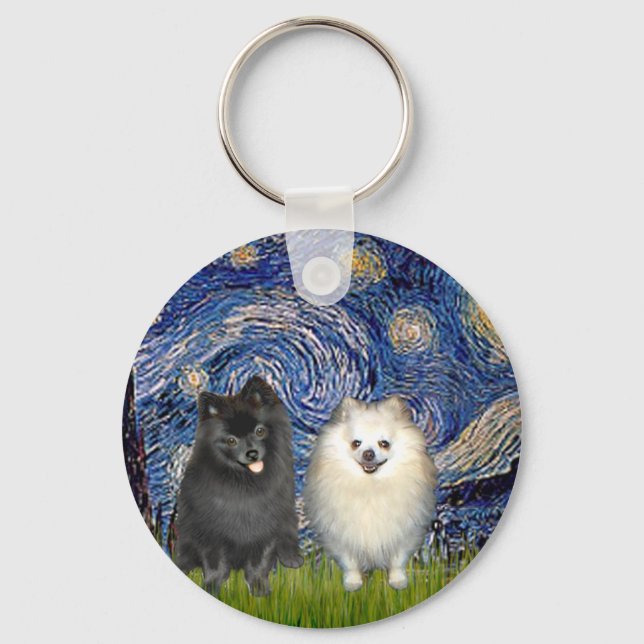 Spitz Pair (B+W)-Starry Night Schlüsselanhänger (Vorderseite)