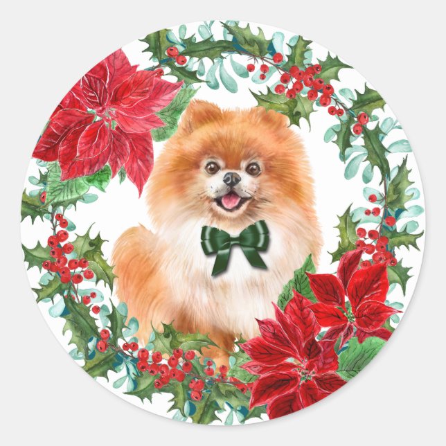 Spitz Poinsettia Holly Holiday Wreath Runder Aufkleber (Vorderseite)