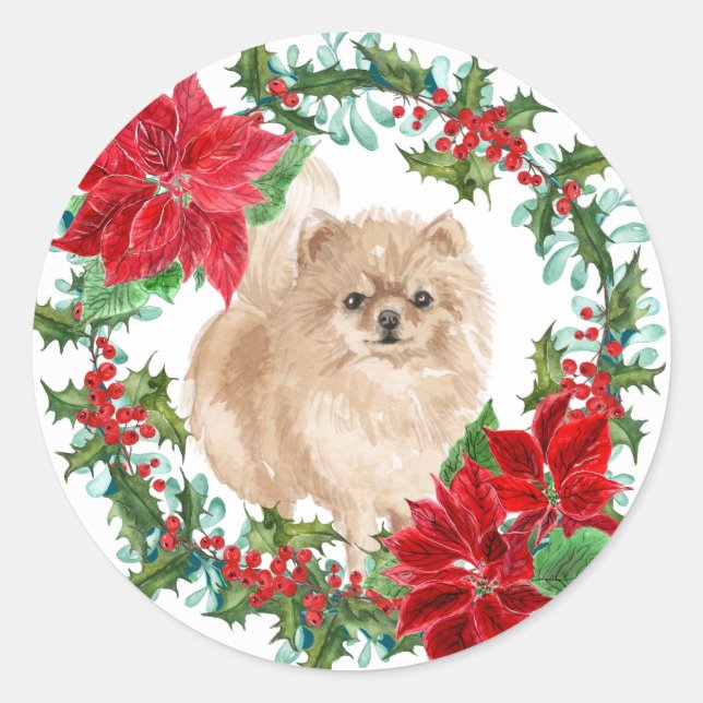 Spitz Poinsettia Holly Holiday Wreath Runder Aufkleber (Vorderseite)