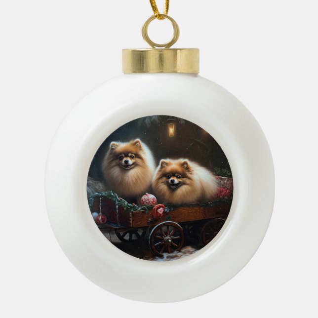 Spitz Snowy Sleigh Weihnachtsdekor Keramik Kugel-Ornament (Vorderseite)