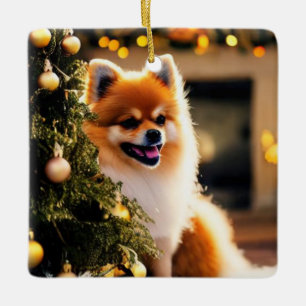 Spitz unter Weihnachtsbaum Keramikornament