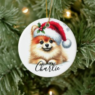 Spitz Wasserfarbe Dog Weihnachtsmannmütze Personal Keramik Ornament