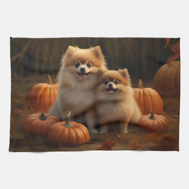 Spitz Welpe Herbst Kürbis Geschirrtuch (Horizontal)