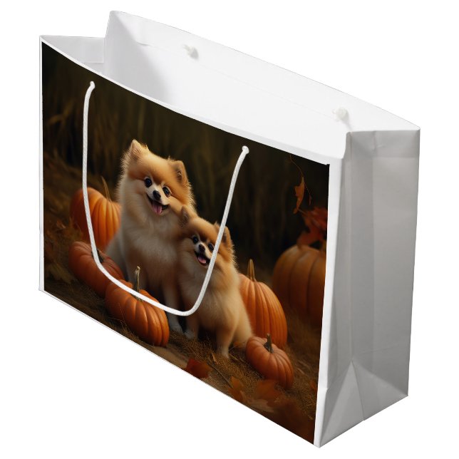 Spitz Welpe Herbst Kürbis Große Geschenktüte (Vorderseite Schrägansicht)