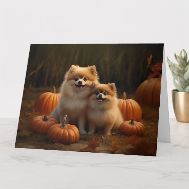 Spitz Welpe Herbst Kürbis Karte (Kleine Pflanze)