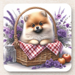 Spitz Welpe Hund Wasserfarbe Wildblume Picnic Getränkeuntersetzer