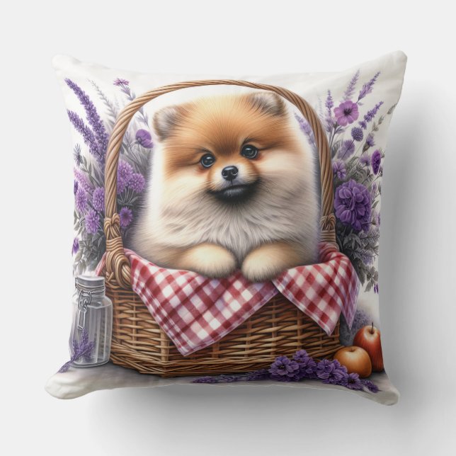Spitz Welpe Hund Wasserfarbe Wildblume Picnic Kissen (Vorderseite)