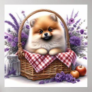 Spitz Welpe Hund Wasserfarbe Wildblume Picnic Poster