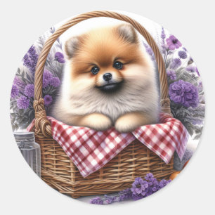 Spitz Welpe Hund Wasserfarbe Wildblume Picnic Runder Aufkleber