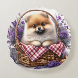 Spitz Welpe Hund Wasserfarbe Wildblume Picnic Rundes Kissen
