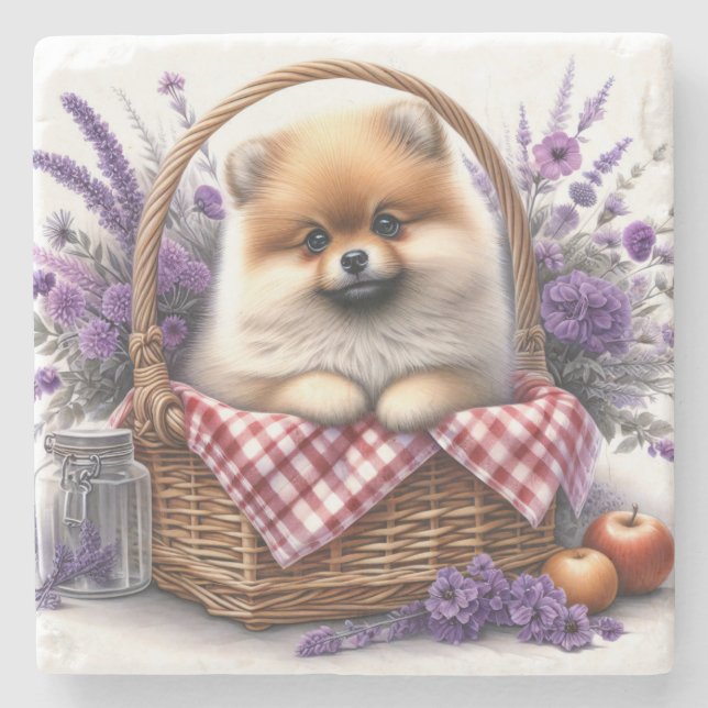 Spitz Welpe Hund Wasserfarbe Wildblume Picnic Steinuntersetzer (Vorderseite)