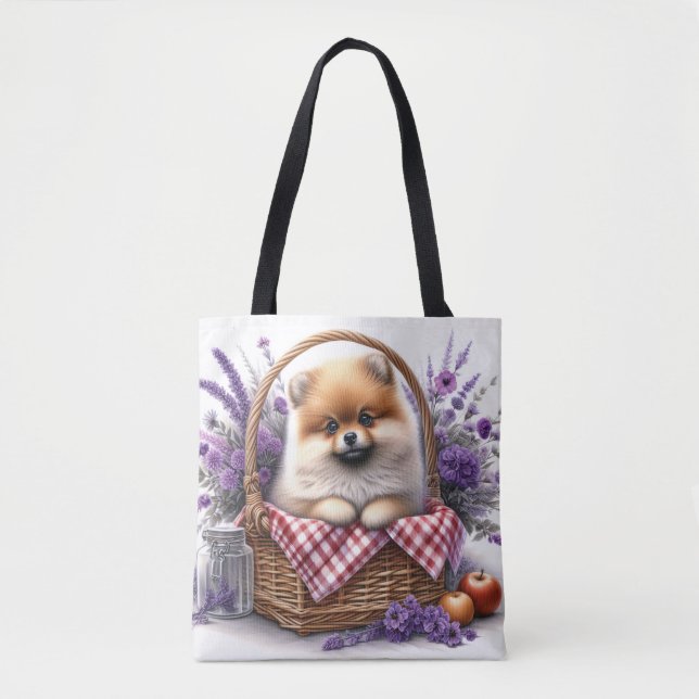 Spitz Welpe Hund Wasserfarbe Wildblume Picnic Tasche (Vorderseite)