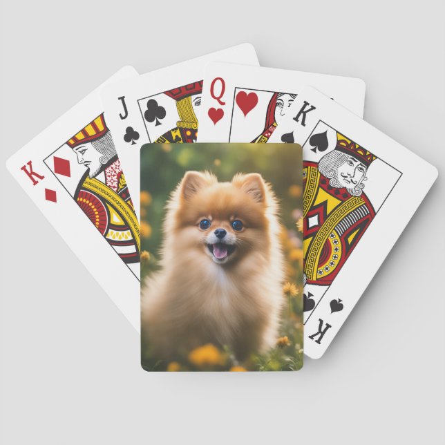 Spitz Welpe im Feld Blume Spielkarten (Rückseite)