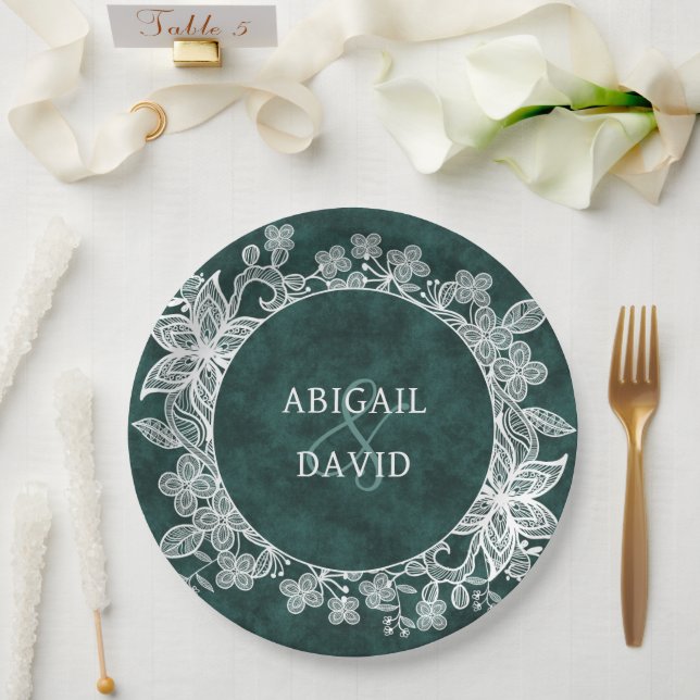 Spitze auf Smaragdgrüne Imitate Velvet Wedding Pappteller (Hochzeit)