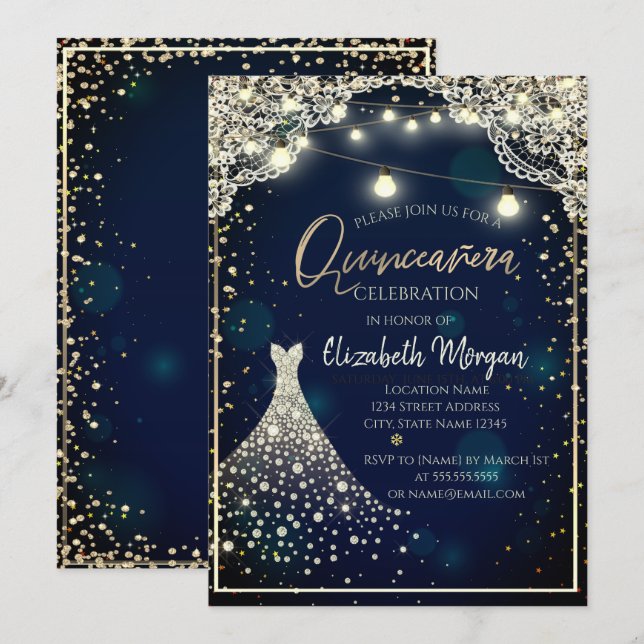 Spitze, Diamanten Kleid Dark Blue Quinceañera Einladung (Vorne/Hinten)