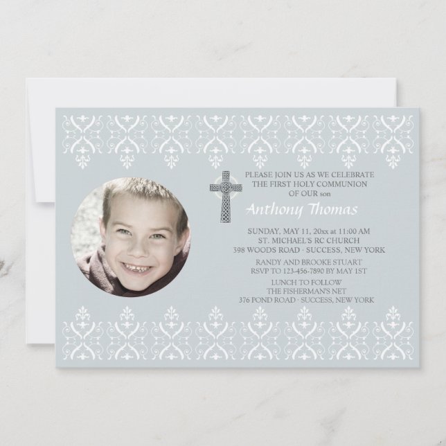 Spitze fasst blaue religiöse Foto-Einladung ein Einladung (Vorderseite)