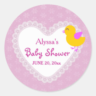 Spitze-Herz und Küken-Babyparty V01 ROSA Runder Aufkleber