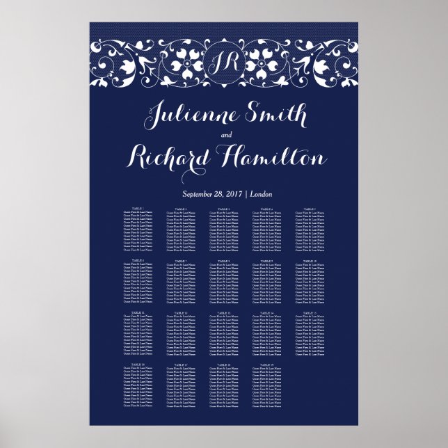 Spitze | Monogram Wedding 19 Tables Seating Chart Poster (Vorne)