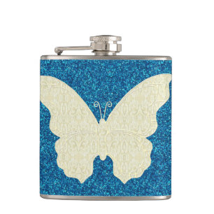 Spitze-Schmetterling auf blauer Glitzer-Flasche Flachmann