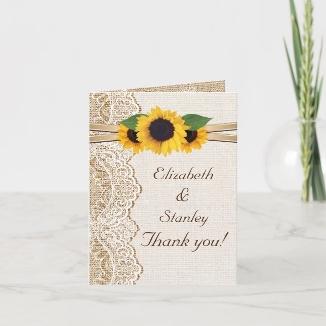 Spitze, Sonnenblumen und Leinwandhochzeit danken Dankeskarte (Vorderseite)