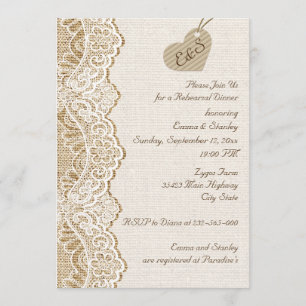 Spitze und Herz auf Jute-Probeessen zur Hochzeit Einladung