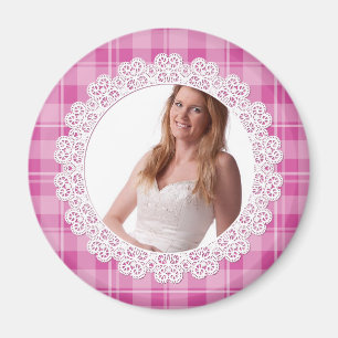Spitze und kariertes - Herz auf Rosa Magnet