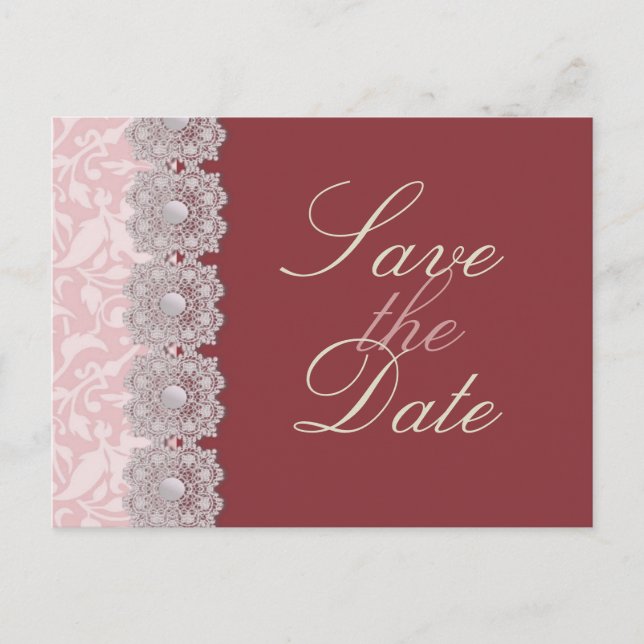 Spitze und Perlen Himbeere Save the Date Postkarte (Vorderseite)