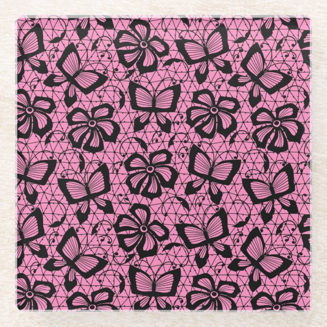 Spitzemuster mit Schmetterlingen Glasuntersetzer (Vorderseite)