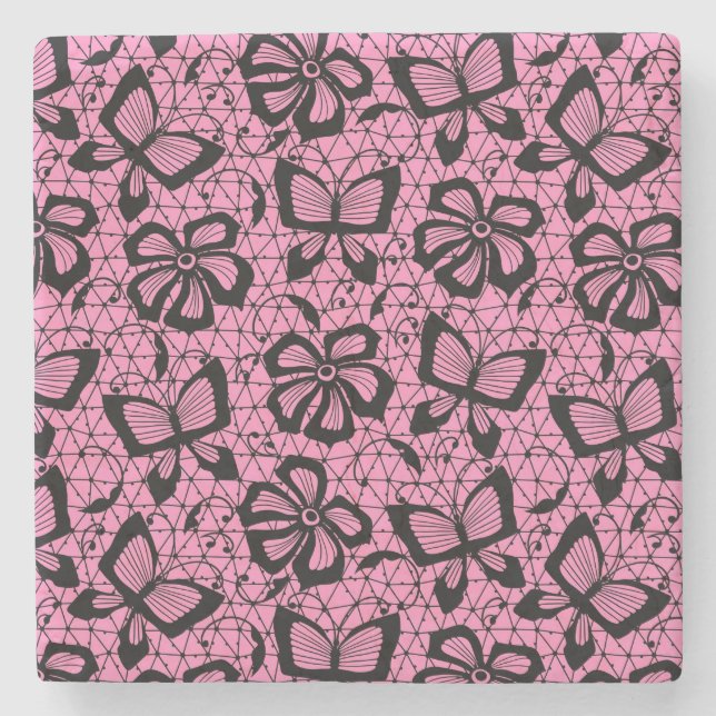 Spitzemuster mit Schmetterlingen Steinuntersetzer (Vorderseite)