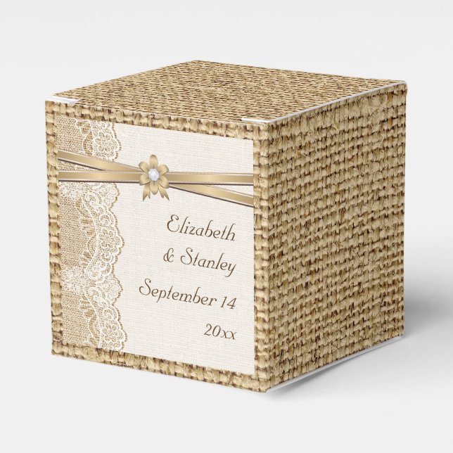 Spitzen-, Band-Blume- und Burlap-Hochzeit Geschenkschachtel (Vorderseite)