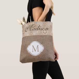 Spitzen-Burlap Moderne Rustikale Trendy Monogram Tasche