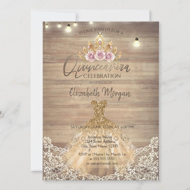 Spitzen, Floral Tiara, Lichter, Kleid Holz Quincea Einladung (Vorderseite)