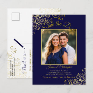 Spitzen-Gold auf Navy-Blau Hochzeit Save the Date  Ankündigungspostkarte