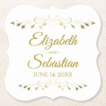 Spitzen- Goldmit filigran geschmückte elegante Untersetzer<br><div class="desc">Diese schönen Untersetzer machen Ihr spezielles Hochzeits-Empfangs- oder -Probenabendessen wirklich. Entworfen als Teil unserer Goldfolien-eleganten Hochzeits-Reihe,  kennzeichnen sie ein einfaches,  dennoch vereiteln eleganter Entwurf mit Goldtext auf einem weißen Hintergrund mit GoldImitat Blumengrenze. Personifizieren Sie leicht mit dem Namen der Paare und des Hochzeitsdatums.</div>