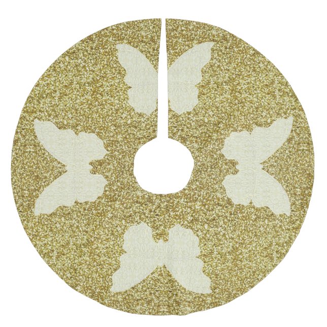 Spitzen-Schmetterling auf Gold-Glitzer-Baumrock Polyester Weihnachtsbaumdecke (Vorderseite)