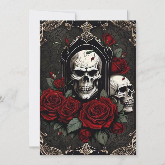 Spitzen Skulls und Rose Gotische Elegance Hochzeit Einladung (Vorderseite)