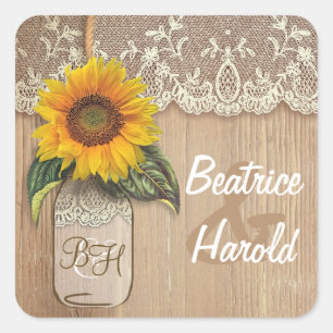 Spitzen Sonnenblumenholz und Mason Jar Rustic Quadratischer Aufkleber