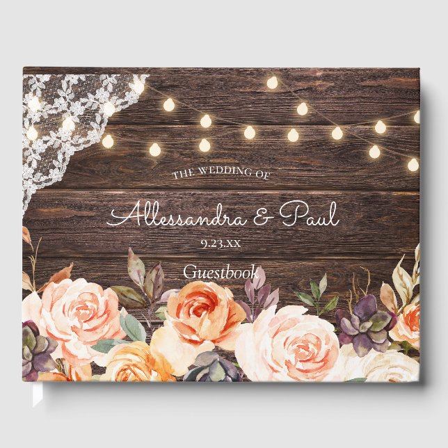 Spitzen, Streichleuchten, Blush & Peach Floral Gästebuch (Vorderseite)