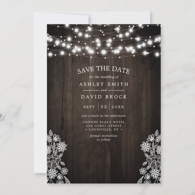 Spitzen- und Holzbalken leuchten rustikal Save the Date (Vorderseite)