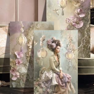 Spitzen- und Licht-Triptychon Salbei-Mauve-Blumen- Geschenkpapier Set