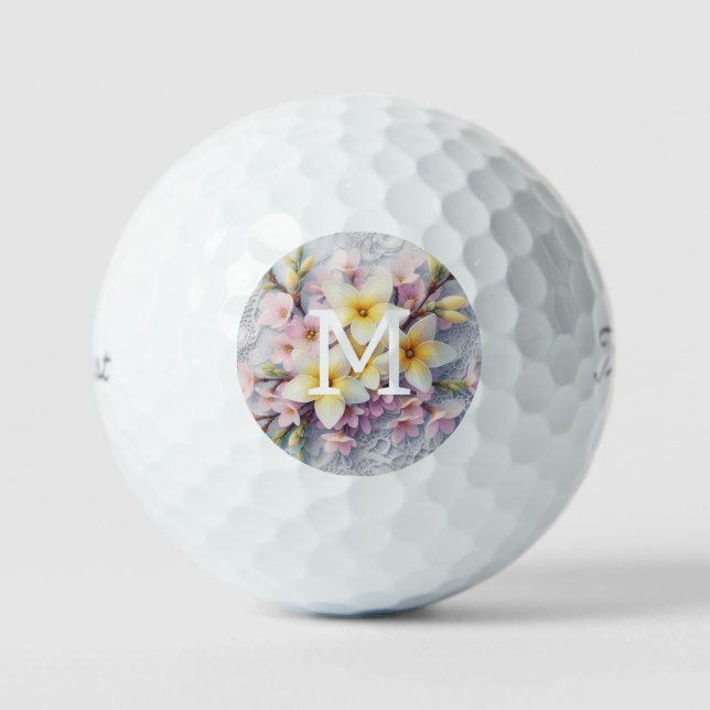 Spitzenmonogramm rosa und gelbe Frühlingsblumen  Golfball (Vorderseite)