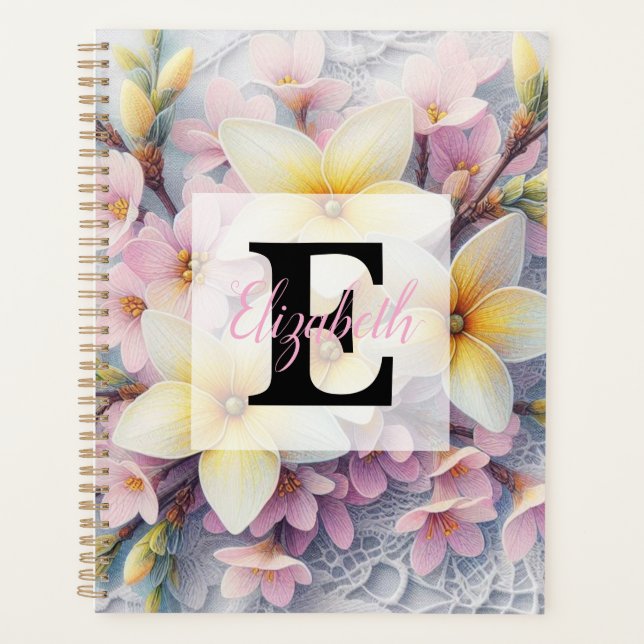 Spitzenmonogramm rosa und gelbe Frühlingsblumen  Planer (Vorderseite)