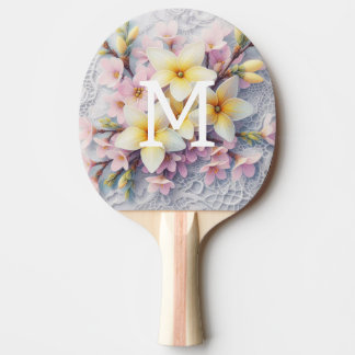 Spitzenmonogramm rosa und gelbe Frühlingsblumen Tischtennis Schläger
