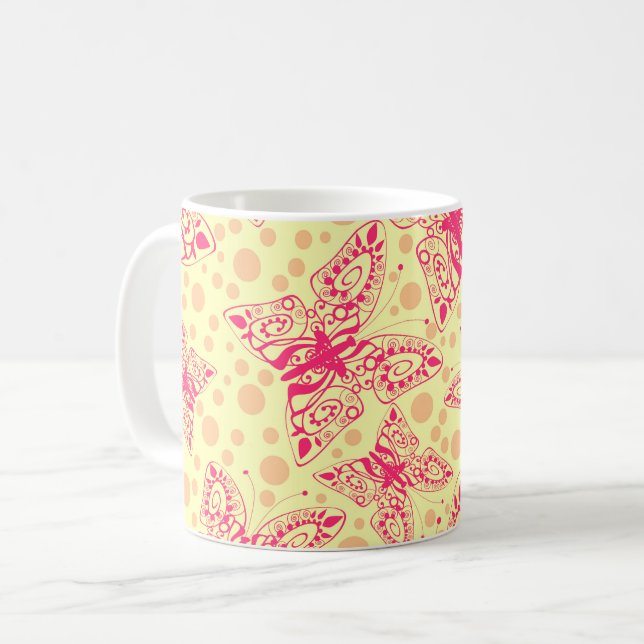 Spitzenschmetterlinge auf gelbem Polka-Punkt Kaffeetasse (Vorderseite Links)